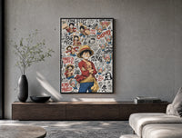 Monkey D. Luffy and Chopper collage poster framed above a wood console in a concrete-wall living room