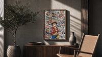 Monkey D. Luffy and Chopper collage poster framed above a fluted sideboard beside an olive tree