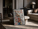 Monkey D. Luffy and Chopper collage print in a black frame leaning on a travertine table in a sunlit lounge