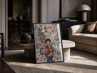 Monkey D. Luffy and Chopper collage print in a black frame leaning on a travertine table in a sunlit lounge