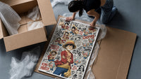 Monkey D. Luffy and Chopper collage framed print being unpacked from protective bubble wrap and a box