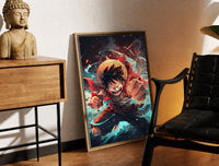 Brass-framed Anime pirate boy punching pose print leaning in a warm styled corner by a sculpture