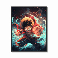 Framed Anime pirate boy punching pose print shown as a bold statement piece on a clean gallery wall