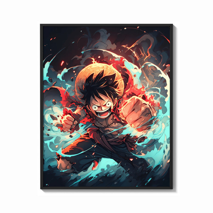 Framed Anime pirate boy punching pose print shown as a bold statement piece on a clean gallery wall