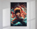 Anime pirate boy punching pose poster in a slim frame on a bright wall with soft window light