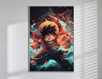 Anime pirate boy punching pose poster in a slim frame on a bright wall with soft window light