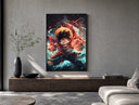 Anime pirate boy punching pose poster framed above a wood console in a concrete-wall living room