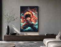 Anime pirate boy punching pose poster framed above a wood console in a concrete-wall living room