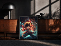 Black-framed Anime pirate boy punching pose print on a moody console with designer coffee-table books