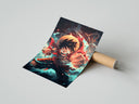 Rolled Anime pirate boy punching pose poster beside its crush-resistant kraft shipping tube
