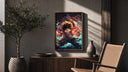 Anime pirate boy punching pose poster framed above a fluted sideboard beside an olive tree