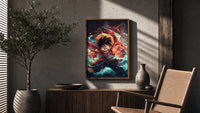 Anime pirate boy punching pose poster framed above a fluted sideboard beside an olive tree