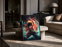 Anime pirate boy punching pose print in a black frame leaning on a travertine table in a sunlit lounge