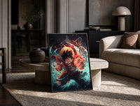 Anime pirate boy punching pose print in a black frame leaning on a travertine table in a sunlit lounge