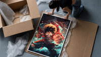 Anime pirate boy punching pose framed print being unpacked from protective bubble wrap and a box