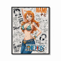 Framed Nami from One Piece anime print shown as a bold statement piece on a clean gallery wall