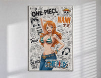 Nami from One Piece anime poster in a slim frame on a bright wall with soft window light