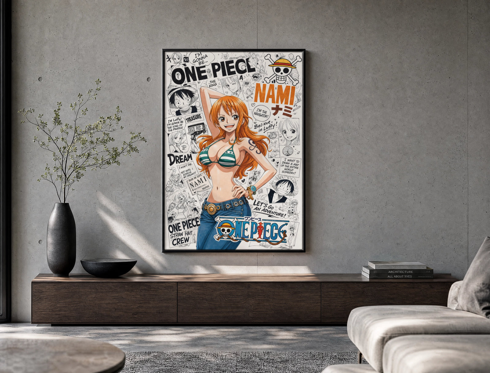 Nami from One Piece anime poster framed above a wood console in a concrete-wall living room