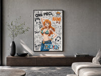 Nami from One Piece anime poster framed above a wood console in a concrete-wall living room
