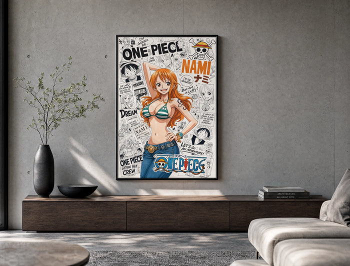 Nami from One Piece anime poster framed above a wood console in a concrete-wall living room
