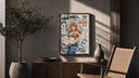Nami from One Piece anime poster framed above a fluted sideboard beside an olive tree