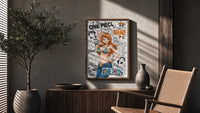 Nami from One Piece anime poster framed above a fluted sideboard beside an olive tree