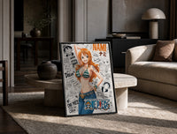 Nami from One Piece anime print in a black frame leaning on a travertine table in a sunlit lounge