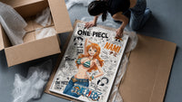Nami from One Piece anime framed print being unpacked from protective bubble wrap and a box