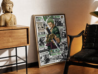Brass-framed Roronoa Zoro wielding katana sword print leaning in a warm styled corner by a sculpture