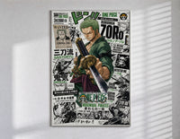 Roronoa Zoro wielding katana sword poster in a slim frame on a bright wall with soft window light