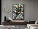 Roronoa Zoro wielding katana sword poster framed above a wood console in a concrete-wall living room