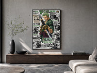 Roronoa Zoro wielding katana sword poster framed above a wood console in a concrete-wall living room