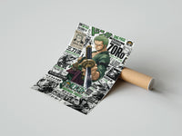 Rolled Roronoa Zoro wielding katana sword poster beside its crush-resistant kraft shipping tube