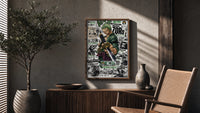 Roronoa Zoro wielding katana sword poster framed above a fluted sideboard beside an olive tree