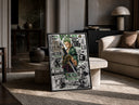 Roronoa Zoro wielding katana sword print in a black frame leaning on a travertine table in a sunlit lounge