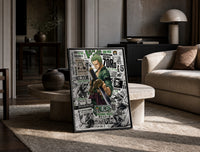 Roronoa Zoro wielding katana sword print in a black frame leaning on a travertine table in a sunlit lounge