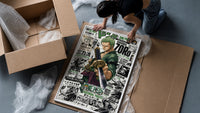 Roronoa Zoro wielding katana sword framed print being unpacked from protective bubble wrap and a box