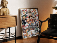 Brass-framed One Piece Straw Hat Crew characters print leaning in a warm styled corner by a sculpture