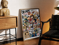 Brass-framed One Piece Straw Hat Crew characters print leaning in a warm styled corner by a sculpture