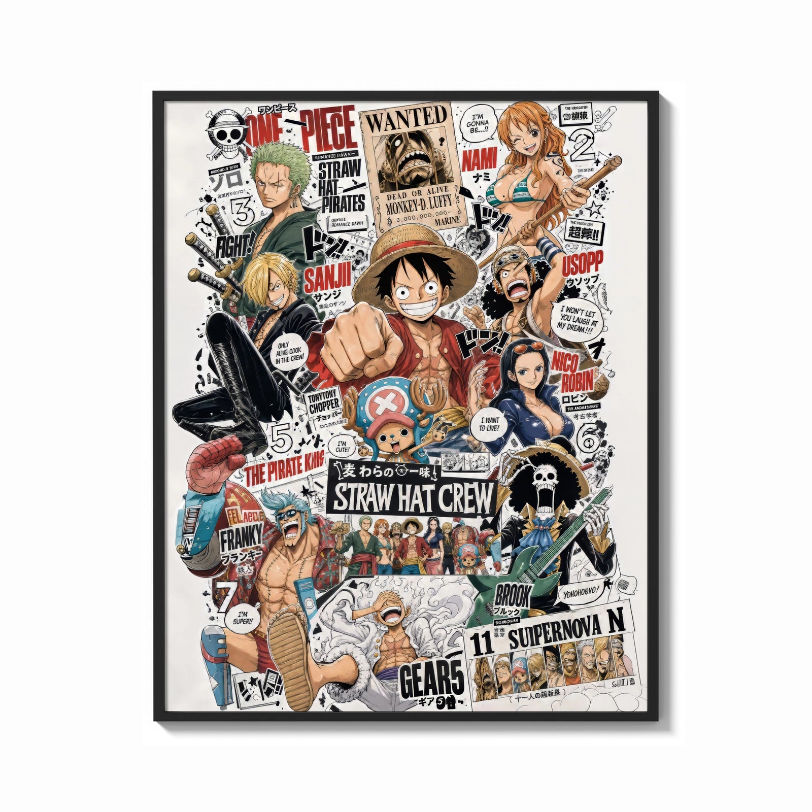 Framed One Piece Straw Hat Crew characters print shown as a bold statement piece on a clean gallery wall