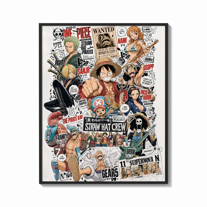 Framed One Piece Straw Hat Crew characters print shown as a bold statement piece on a clean gallery wall