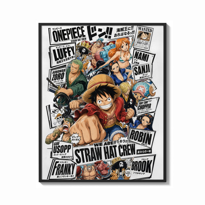 Framed One Piece Straw Hat Crew characters print shown as a bold statement piece on a clean gallery wall
