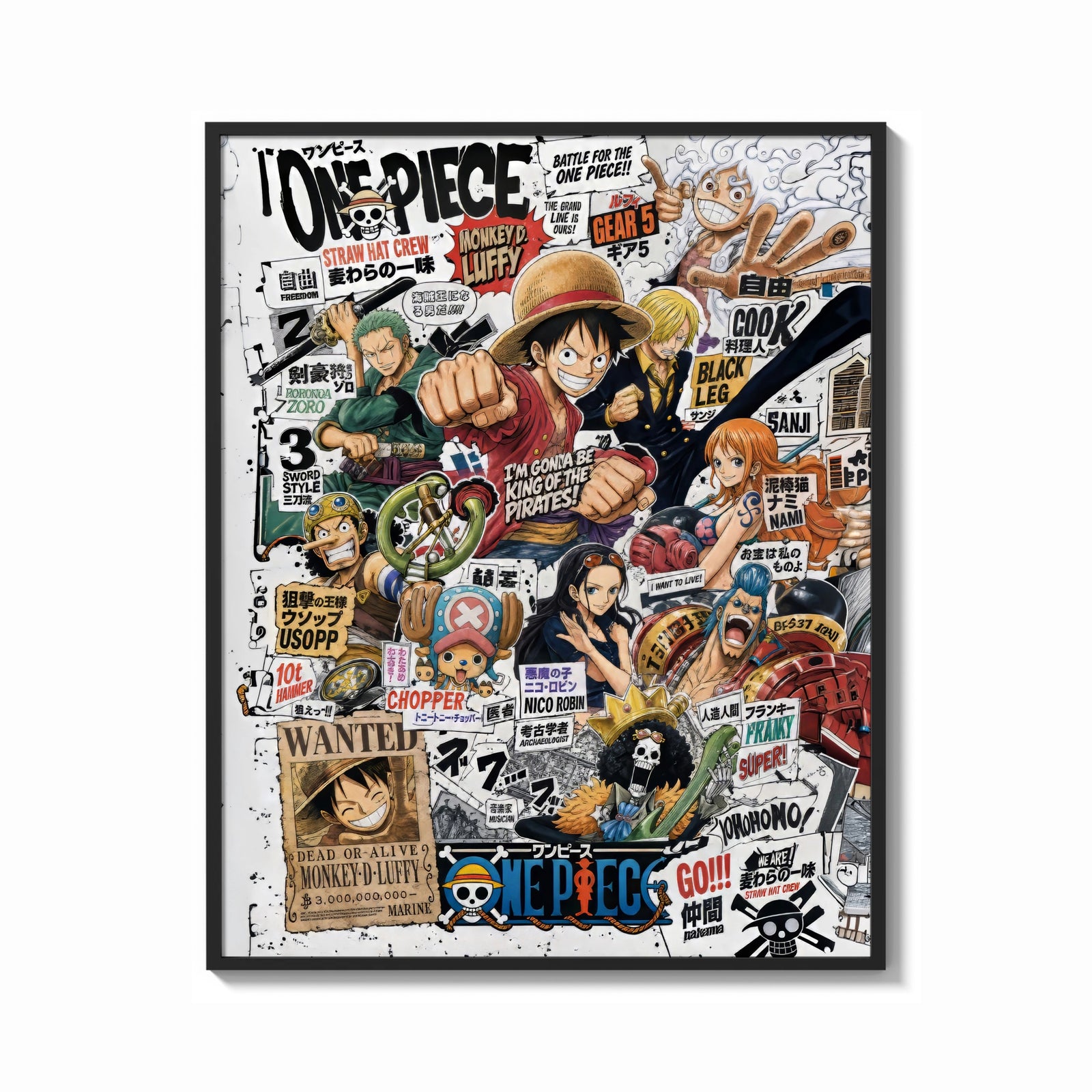 Framed One Piece Straw Hat Crew characters print shown as a bold statement piece on a clean gallery wall