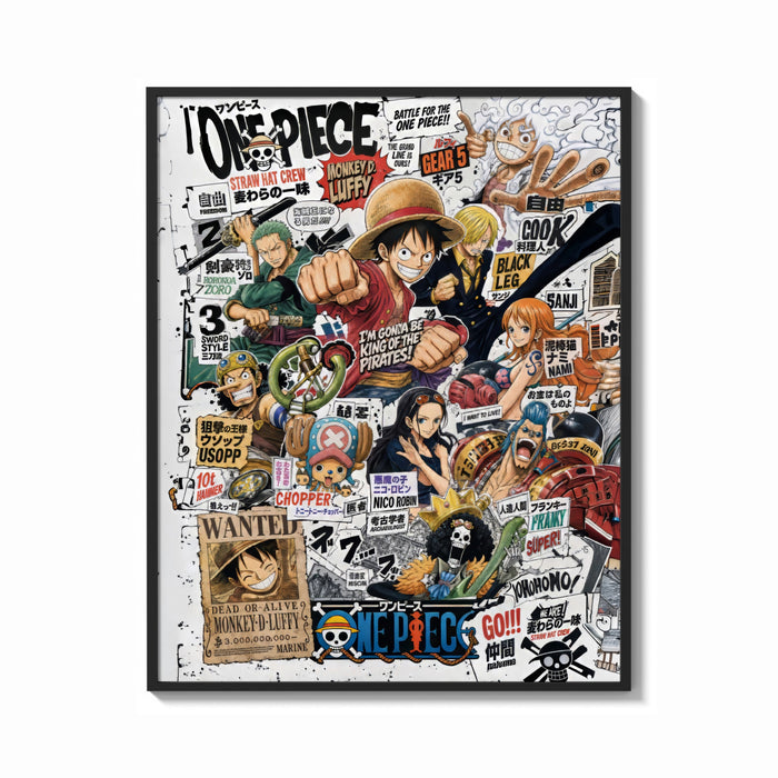 Framed One Piece Straw Hat Crew characters print shown as a bold statement piece on a clean gallery wall