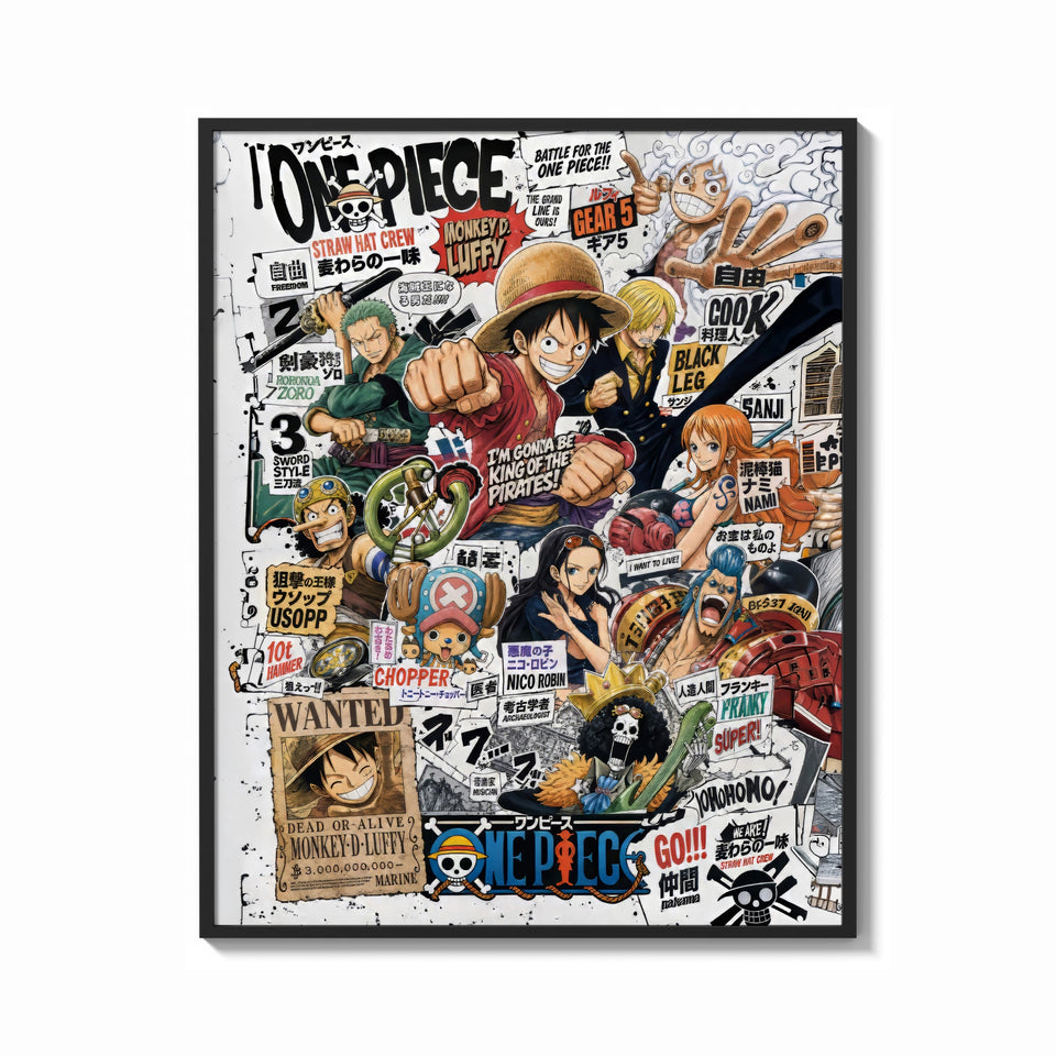 Framed One Piece Straw Hat Crew characters print shown as a bold statement piece on a clean gallery wall