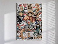 One Piece Straw Hat Crew characters poster in a slim frame on a bright wall with soft window light