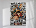One Piece Straw Hat Crew characters poster in a slim frame on a bright wall with soft window light