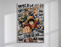 One Piece Straw Hat Crew characters poster in a slim frame on a bright wall with soft window light