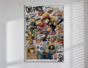 One Piece Straw Hat Crew characters poster in a slim frame on a bright wall with soft window light