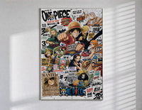 One Piece Straw Hat Crew characters poster in a slim frame on a bright wall with soft window light